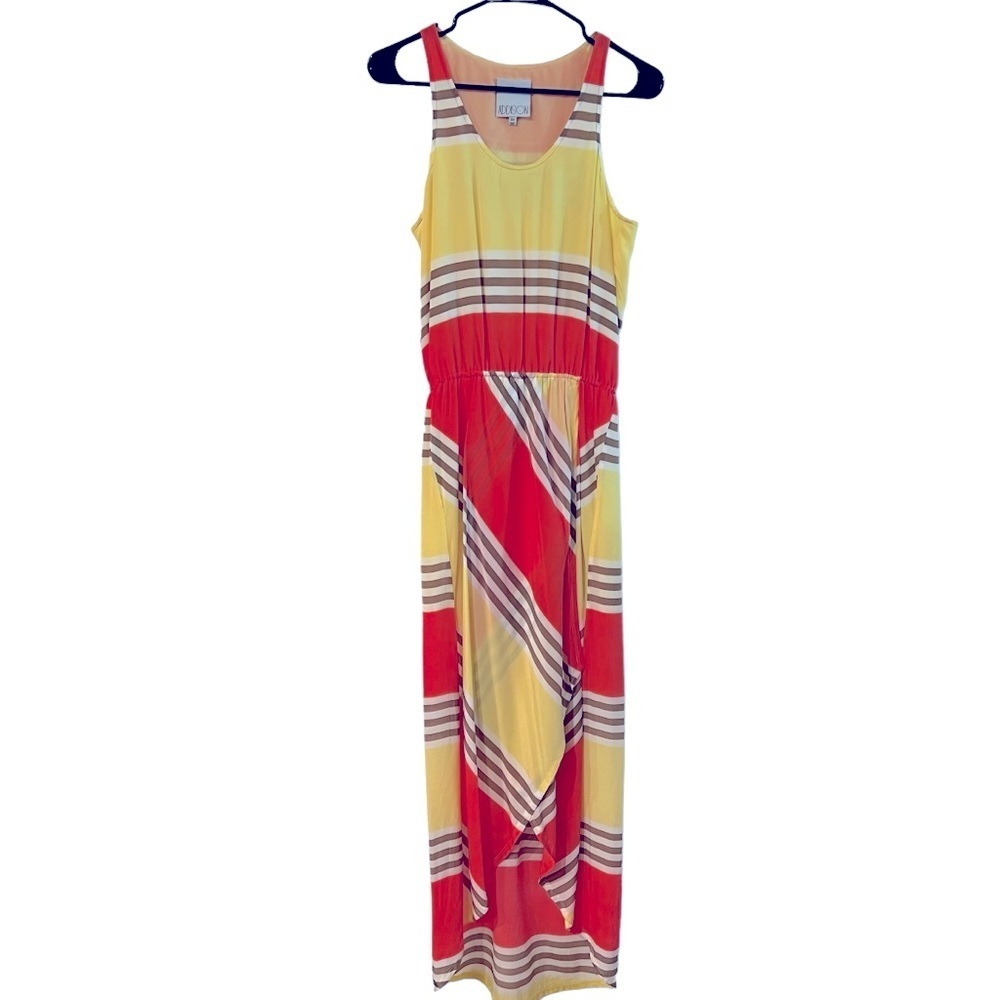 Addison Multi-Color Striped Silk High-Low Hem Faux Wrap Maxi‎ Tank Dress Medium